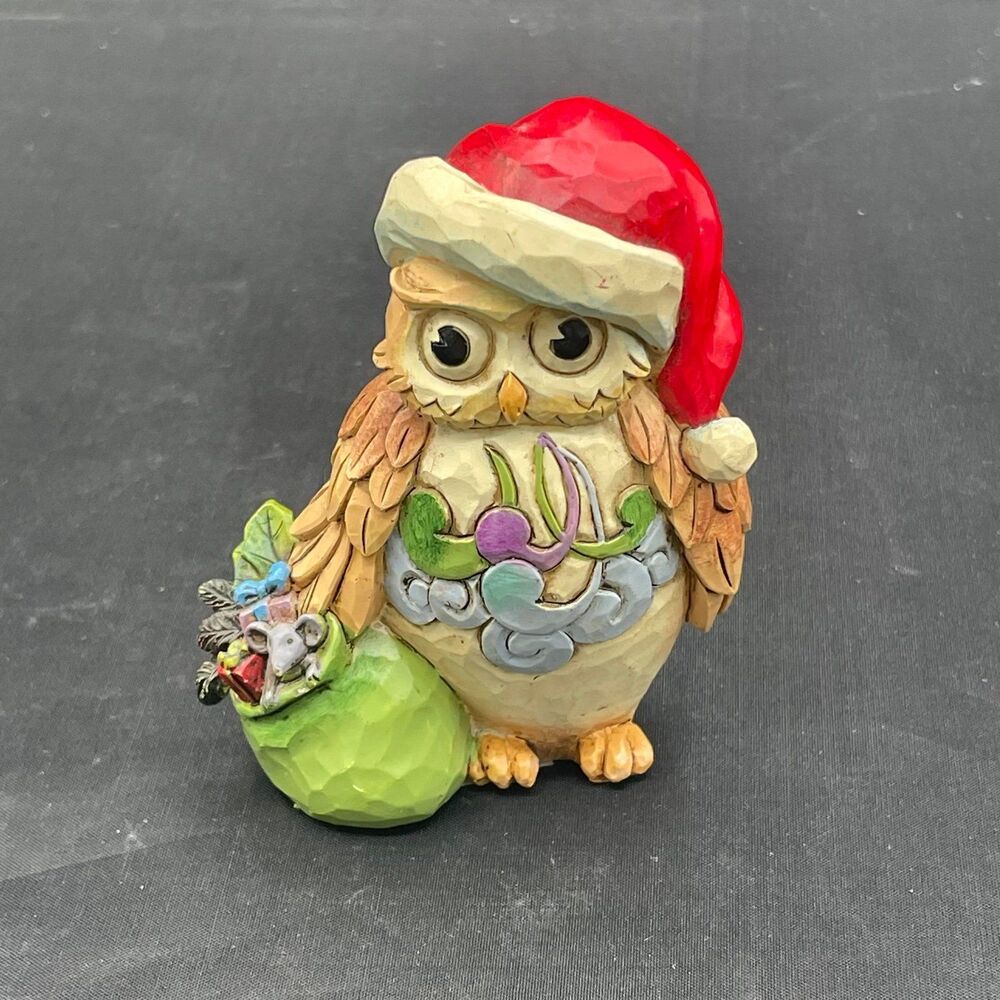 Jim Shore Heartwood Creek Christmas Owl Figurine Santa Hat Toy Sack